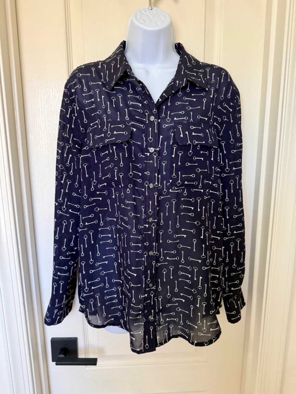 Banana Republic Navy Semi Sheer Blouse with White Key Motif